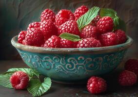 ai generiert Himbeeren im Schüssel. ein wild Himbeeren im ein Schüssel mit Blätter Nächster zu Sie foto