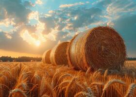 ai generiert Heu Ballen im das Feld beim Sonnenuntergang foto