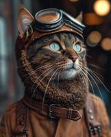 ai generiert Katze im Piloten Outfit. ein Katze im Helm Liebe es ist Niedlichkeit foto