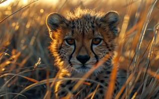 ai generiert Gepard Jungtier sitzt im hoch Gras beim Sonnenuntergang foto