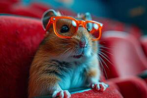 ai generiert komisch Hamster im Brille sitzt im das Kino und sieht aus beim das Kamera. foto