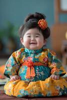 ai generiert wenig Baby Mädchen ist Sitzung auf das Fußboden im traditionell Chinesisch Kleid foto