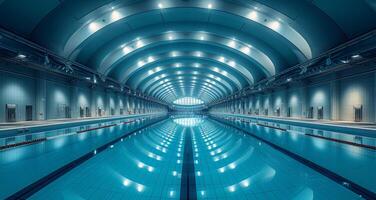 ai generiert lange Schwimmen Schwimmbad mit Tunnel beim das Ende foto