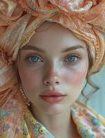 ai generiert Porträt von schön Mädchen mit Kopftuch auf ihr Kopf foto