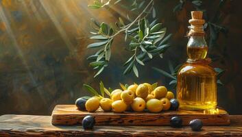 ai generiert Olive Öl und Oliven auf das hölzern Tabelle und auf Ast von Olive Baum foto