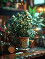 ai generiert Innen- Cannabis Pflanze und Bong auf hölzern Tabelle foto