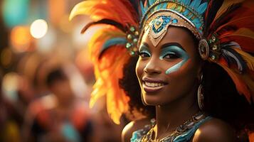 ai generiert das festlich Traditionen von Karneval mit ein Parade und beschwingt Kostüme foto