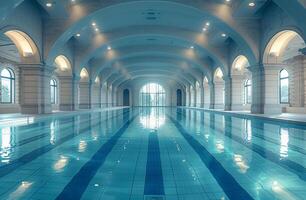ai generiert Innen- Schwimmen Schwimmbad mit Blau Wasser foto