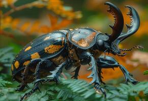 ai generiert groß Käfer mit Hörner steht auf Grün Blatt foto