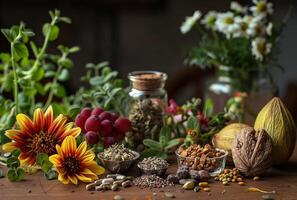 ai generiert ayurvedisch Kräuter- Medizin mit frisch Obst und Blumen im das Hintergrund foto