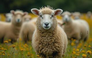 ai generiert Schaf starrt beim das Kamera im Feld von Gelb Blumen foto
