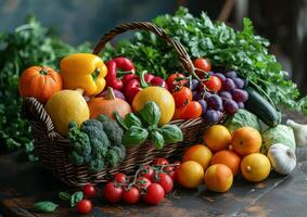 ai generiert Vielfalt von frisch organisch Gemüse und Früchte im das Korbweide Korb foto