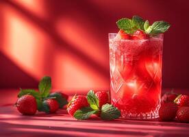 ai generiert Erdbeere Cocktail mit frisch Erdbeeren und Minze auf rot Hintergrund foto