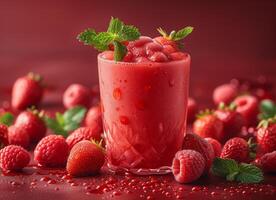 ai generiert Himbeere Smoothie mit frisch Himbeeren und Minze auf rot Hintergrund foto