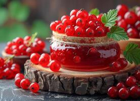 ai generiert frisch rot Johannisbeeren und hausgemacht Marmelade im Glas Krug auf hölzern Tabelle Nahansicht foto