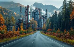 ai generiert ein groß Fabrik. Asphalt Straße durch das Wald im Berge foto