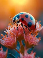 ai generiert Marienkäfer auf Blume im das Sonnenlicht foto