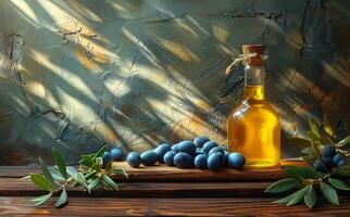 ai generiert Olive Öl und Oliven auf hölzern Tabelle foto