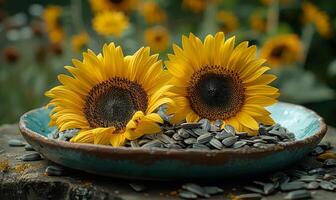 ai generiert Sonnenblumen im Schüssel. ein Teller von Sonnenblume Saat und Sonnenblumen sind gesehen foto