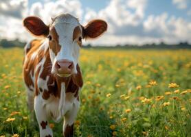 ai generiert süß Kalb auf das Blumen- Wiese foto