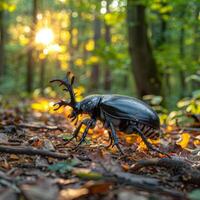 ai generiert groß männlich Hirsch Käfer kriecht Über das Wald Fußboden im das früh Morgen Licht. foto