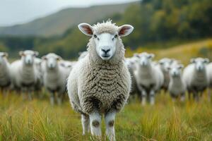 ai generiert Schaf Stehen im Vorderseite von Herde foto