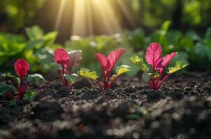 ai generiert jung Rote Beete Pflanzen wachsend im das Gemüse Garten foto