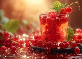 ai generiert rot Johannisbeere Saft mit frisch Beeren und Minze im Glas auf dunkel Hintergrund foto