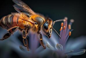 ai generiert Biene ist Sitzung auf Blume foto