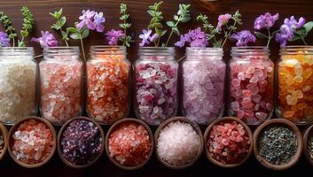 ai generiert Vielfalt von Salze im Gläser. ein verschiedene Meer Salze und Kräuter foto