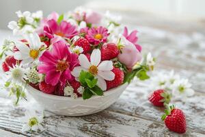 ai generiert Rosa und Weiß Blumen- Anordnung mit Erdbeeren. generativ ai foto