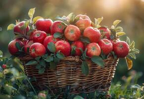 ai generiert organisch Äpfel im Korb. ein öffnen Korb von Äpfel auf ein grasig Feld foto