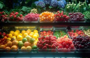 ai generiert frisch Früchte und Gemüse im Supermarkt foto