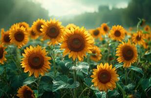 ai generiert Sonnenblumen im das Feld. ein Sonnenblumen sind beim das Unterseite mit Öl auf es foto