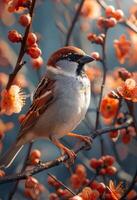 ai generiert Spatz Sitzung auf Ast mit rot Beeren foto