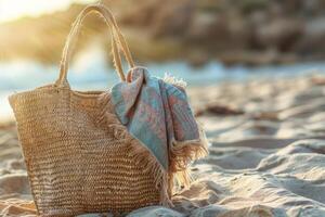 ai generiert Sommer- Stimmung. Stroh Tasche auf sandig Strand. generativ ai foto