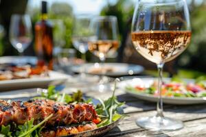 ai generiert gegrillt Grill Fleisch, Salate und Wein. draussen Zuhause Party. generativ ai foto