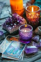 ai generiert Kristalle, Kerzen und andere Divination Werkzeuge Nächster zu das Tarot Karten. generativ ai foto