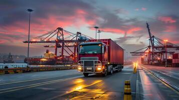 ai generiert LKW Anhänger auf das Seebrücke im das Ladung Hafen Terminal mit Kräne und Behälter. ai generiert foto