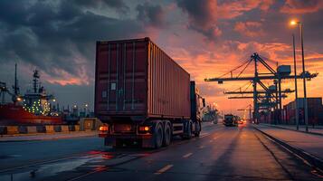 ai generiert LKW Anhänger auf das Seebrücke im das Ladung Hafen Terminal mit Kräne und Behälter. ai generiert foto