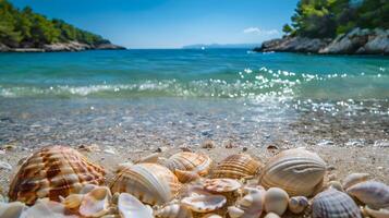 ai generiert azurblau Küste von das Ozean mit Palme Bäume, Sand, Surfen und Muscheln. ai generiert foto