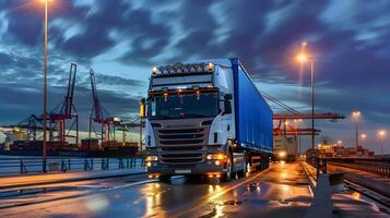 ai generiert LKW Anhänger auf das Seebrücke im das Ladung Hafen Terminal mit Kräne und Behälter. ai generiert foto