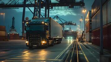 ai generiert LKW Anhänger auf das Seebrücke im das Ladung Hafen Terminal mit Kräne und Behälter. ai generiert foto