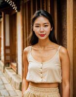 ai generiert Foto von schön asiatisch Frau mit im traditionell lokal Haus Gebäude, generativ ai