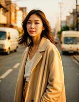 ai generiert Foto von schön asiatisch Frau mit Sonnenuntergang Licht in der Nähe von LKW und Straße Gehweg, generativ ai