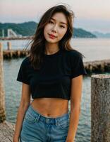 ai generiert Foto von schön asiatisch Frau im schwarz oben und Jeans im Angeln Dorf, generativ ai