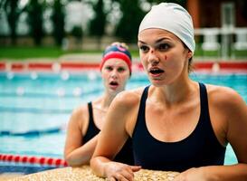 ai generiert Foto von schön wütend Frau wie ein Schwimmer mit Wunde und klein Blut beim das Innen- Schwimmen Schwimmbad, generativ ai