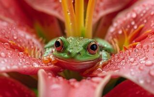 ai generiert Makro Schuss Grün Frosch unter hell Orange Blumen- Blütenblätter foto