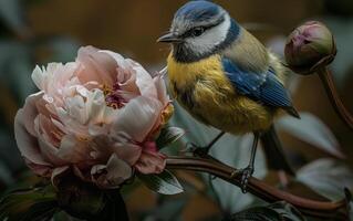 ai generiert Blau tit im das Reich von Pfingstrosen foto