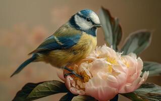 ai generiert Blau tit im das Reich von Pfingstrosen foto